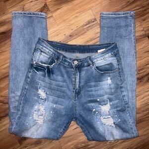 High Rise Distressed Skinny Jeans Light Wash Ripped Denim Paint Splatter Large